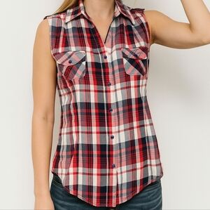 Fashion Web Red & Black PlaidSleeveless High Low Cotton Button Down Size Medium